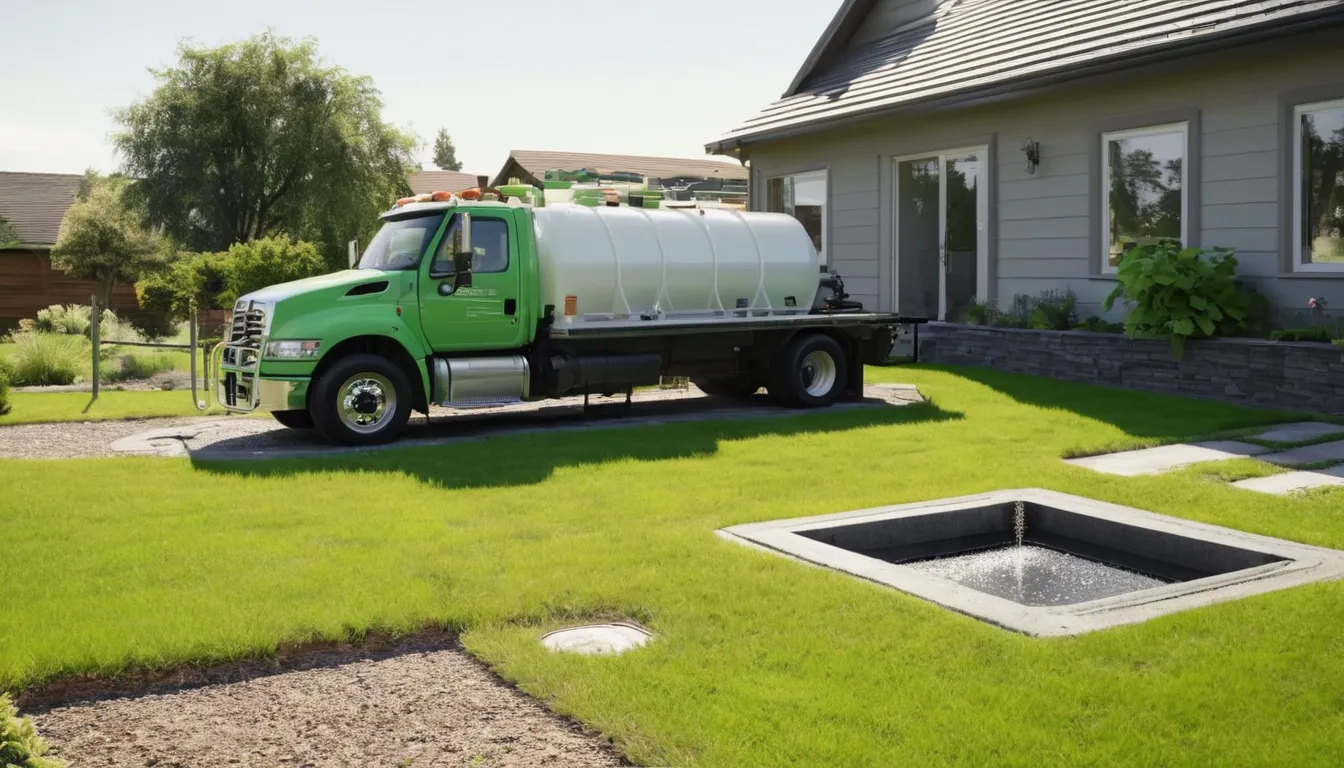 A septic pumping truck parked beside a home near Akron while a provider checks the tank lid
